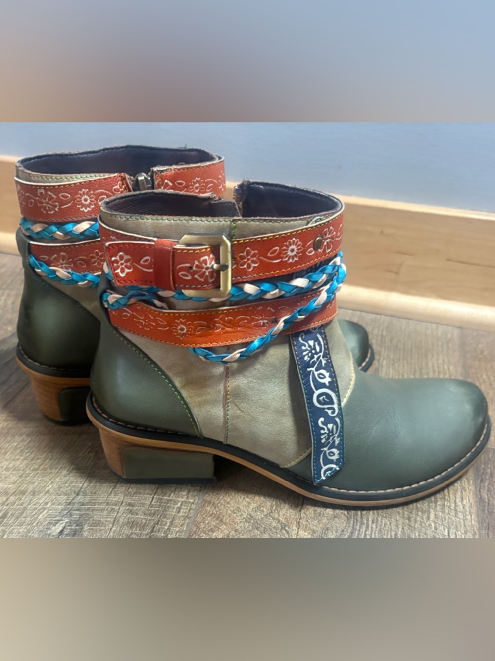 Socofy Boho Leather Ankle Boots EU 39 Embroidered Buckle Floral Lined